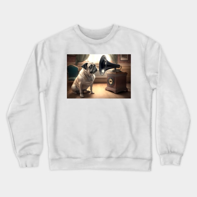 Pug Dog Vintage Grammaphone T-Shirt Greeting Card Crewneck Sweatshirt by candiscamera